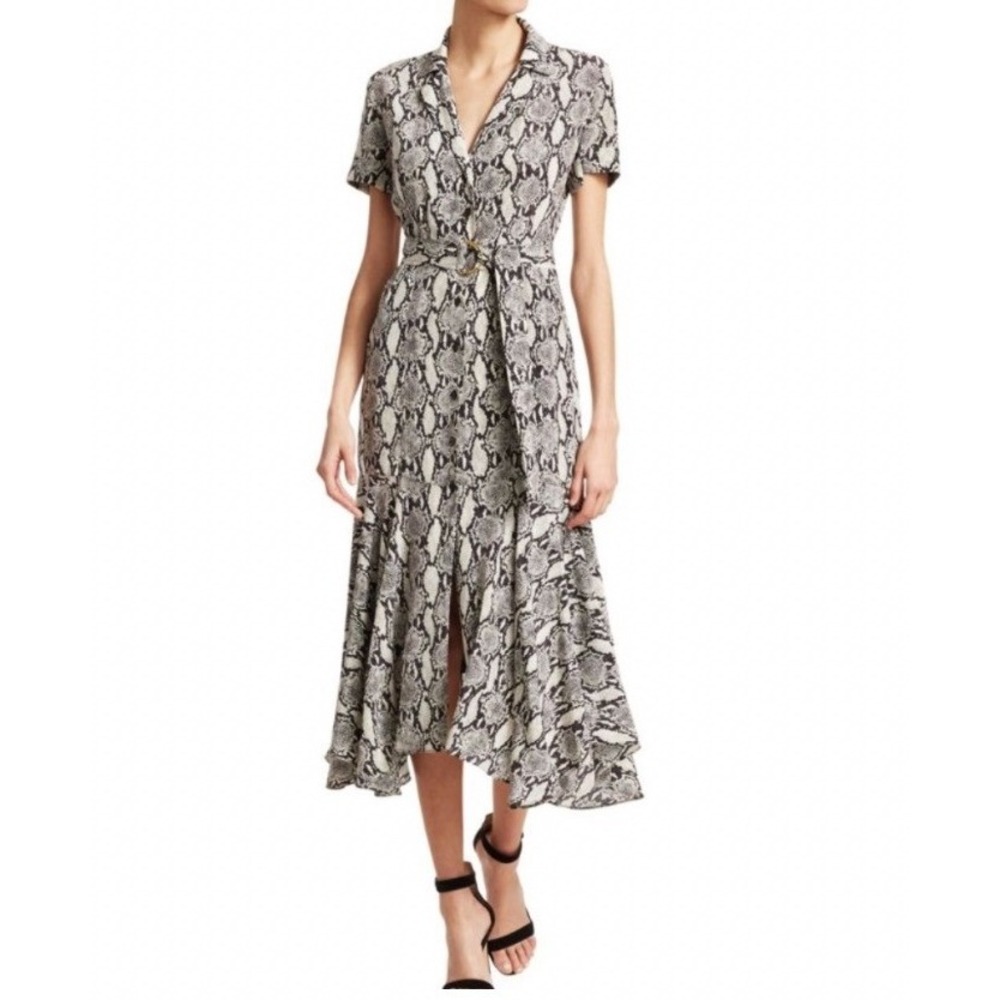 A.L.C. Silk Snakeskin Print Midi Dress Grey Black Collared Button Front Size 6